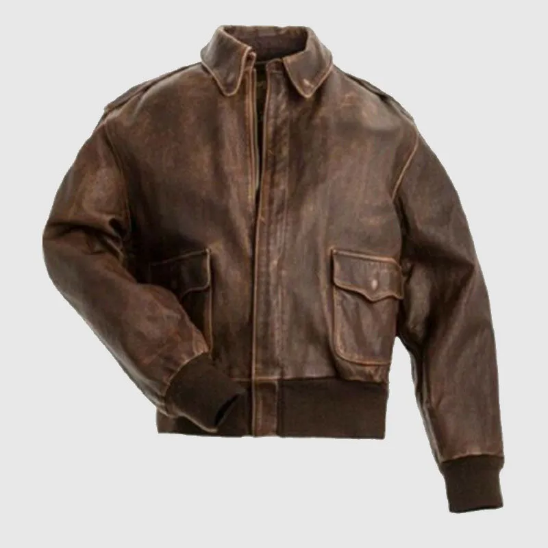 Aviator A-2 Real Cowhide Distressed Leather Bomber Flight Jacket Vintage Brown