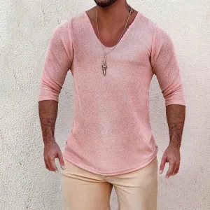 Deep V Neck Breathable Linen Cotton Mid Sleeve T-Shirt