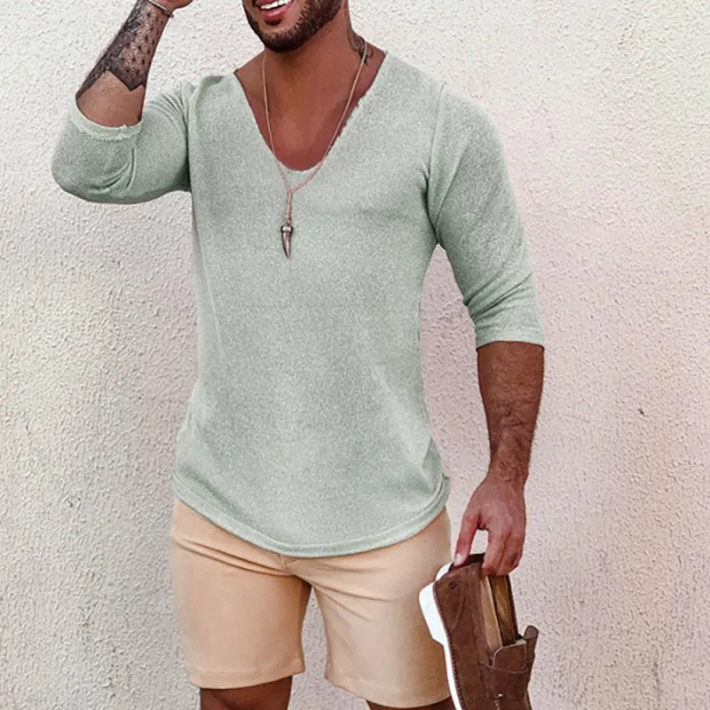 Deep V Neck Breathable Linen Cotton Mid Sleeve T-Shirt