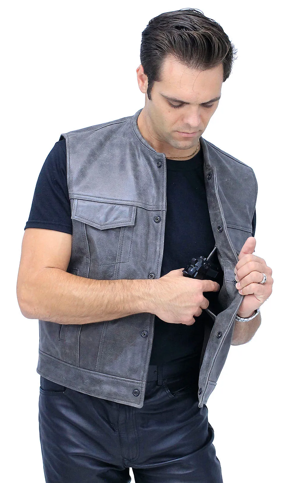 Distressed Leather Club Vest w/Concealed Pockets #VM1016N ()