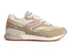 Etonic Stable Base sneakers in light beige mesh fabric, beige suede with multi-layer beige leather inserts, off white midsole and light honey bottom outsole.