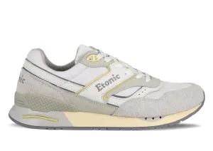 Etonic Stable Base sneakers in white mesh fabric, ice-grey suede with multi-layer white leather inserts, smoke grey and yellow details, beige midsole and smoke grey bottom outsole.