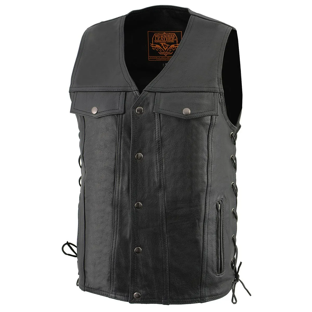 Milwaukee Leather LKM1360 Men's Black Leather Classic V-Neck Motorcycle Rider Vest w/ Snaps and Side Laces Closure