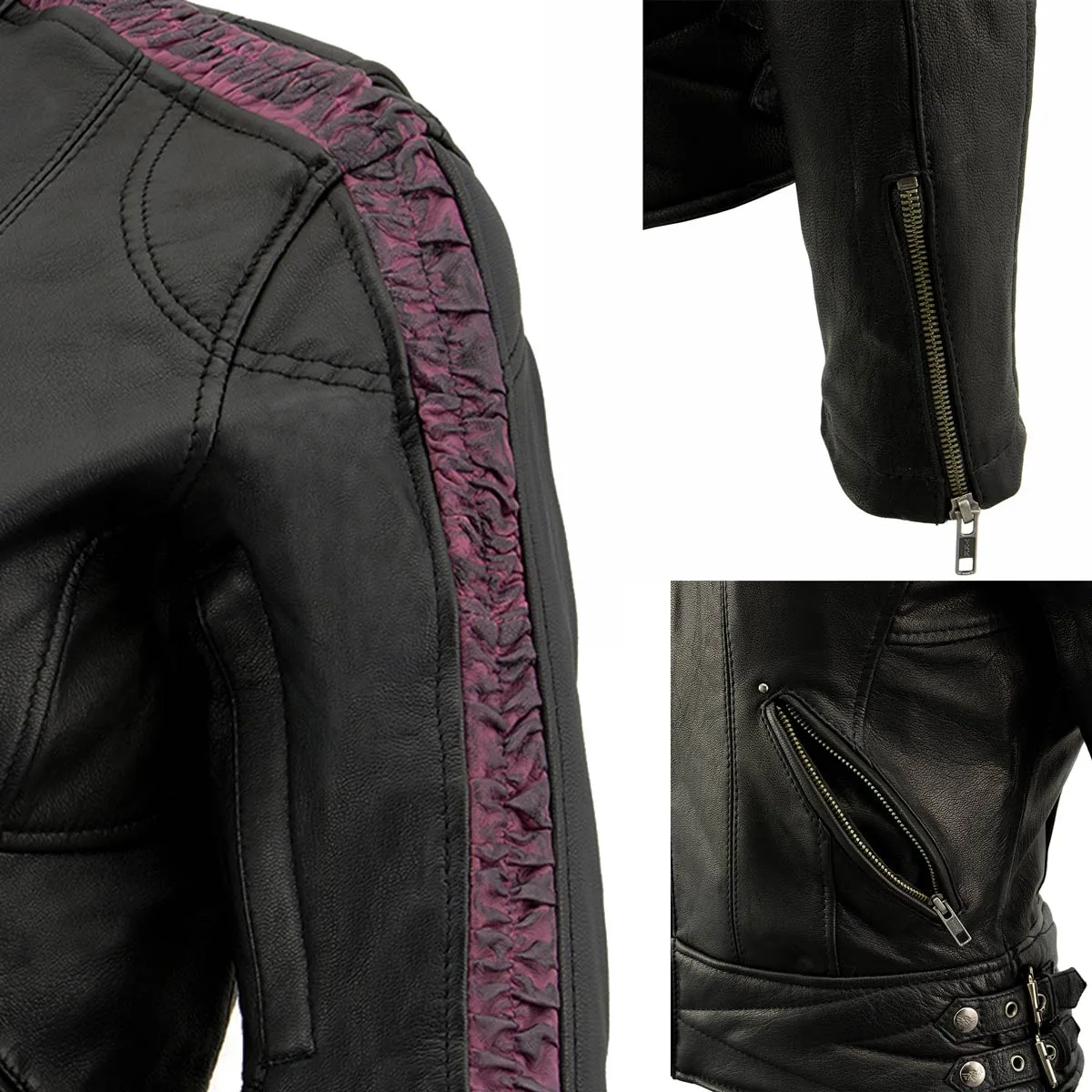 Milwaukee Leather MLL2571 Ladies Black and Purple 'Crinkled Arm' Lightweight Racer Jacket