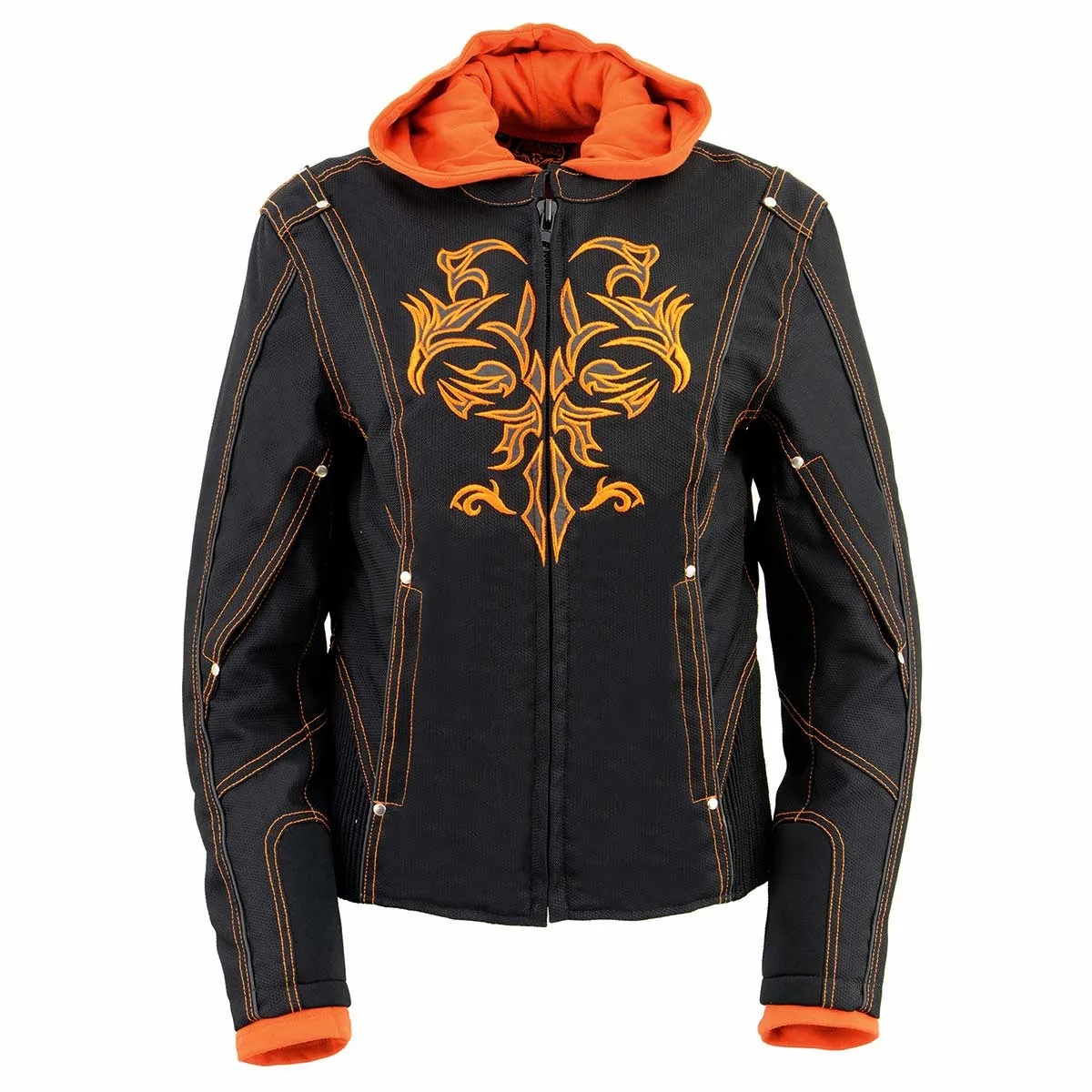 NexGen SH1939 Women's 'Reflective Tribal' Orange and Black 3/4 Textile Vented Jacket