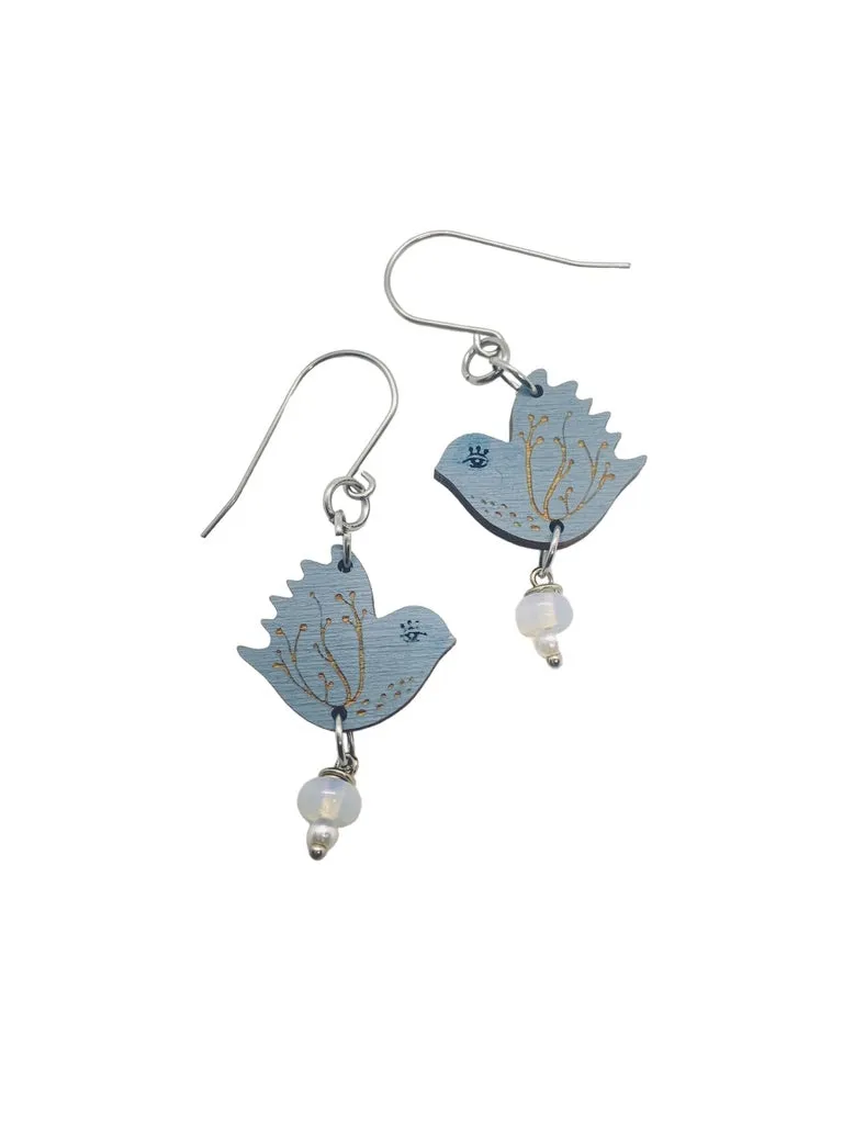 Tiny Blue Bird Dangling Earrings, Lightweight Wooden earrings, Artistic Jewelry