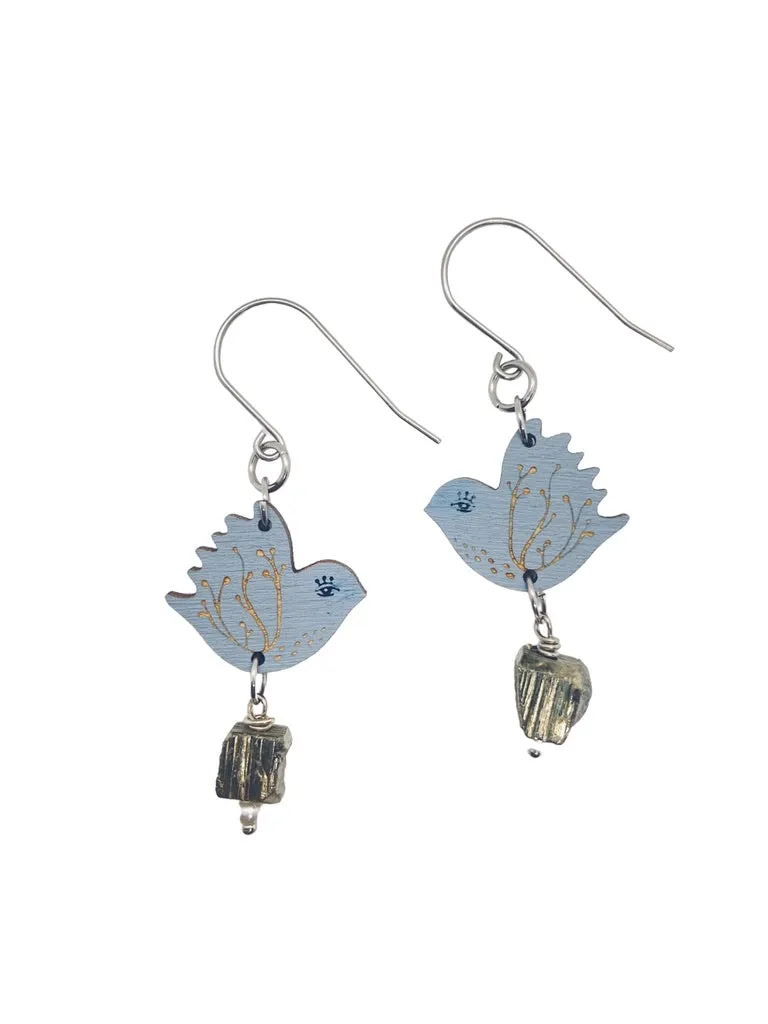 Tiny Blue Bird Dangling Earrings, Lightweight Wooden earrings, Artistic Jewelry