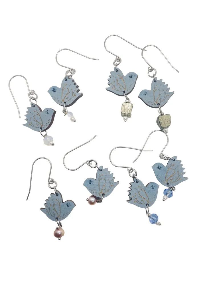 Tiny Blue Bird Dangling Earrings, Lightweight Wooden earrings, Artistic Jewelry