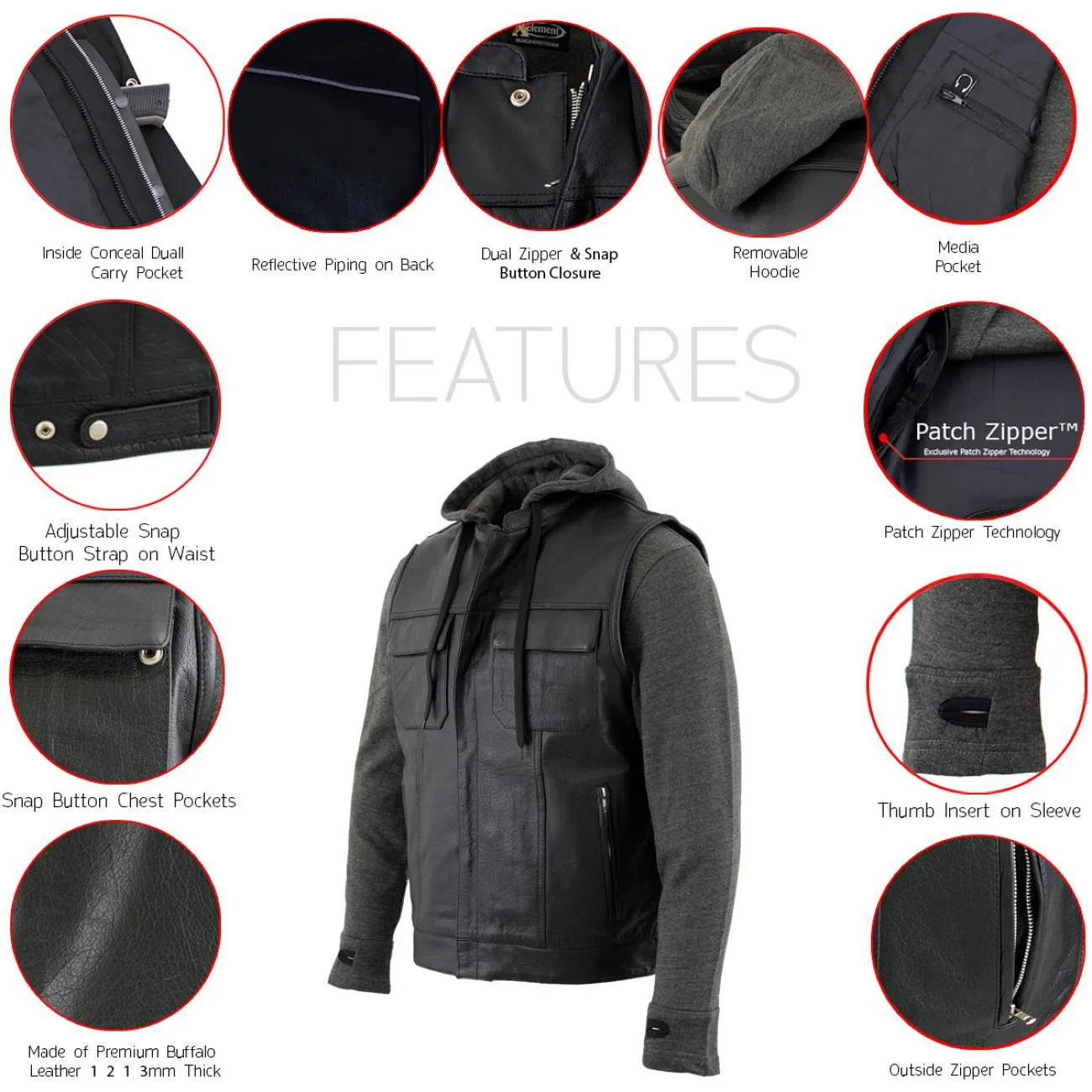 Xelement BXU1006 Men's 'Jax' Black Leather Motorcycle Hoodie Jacket