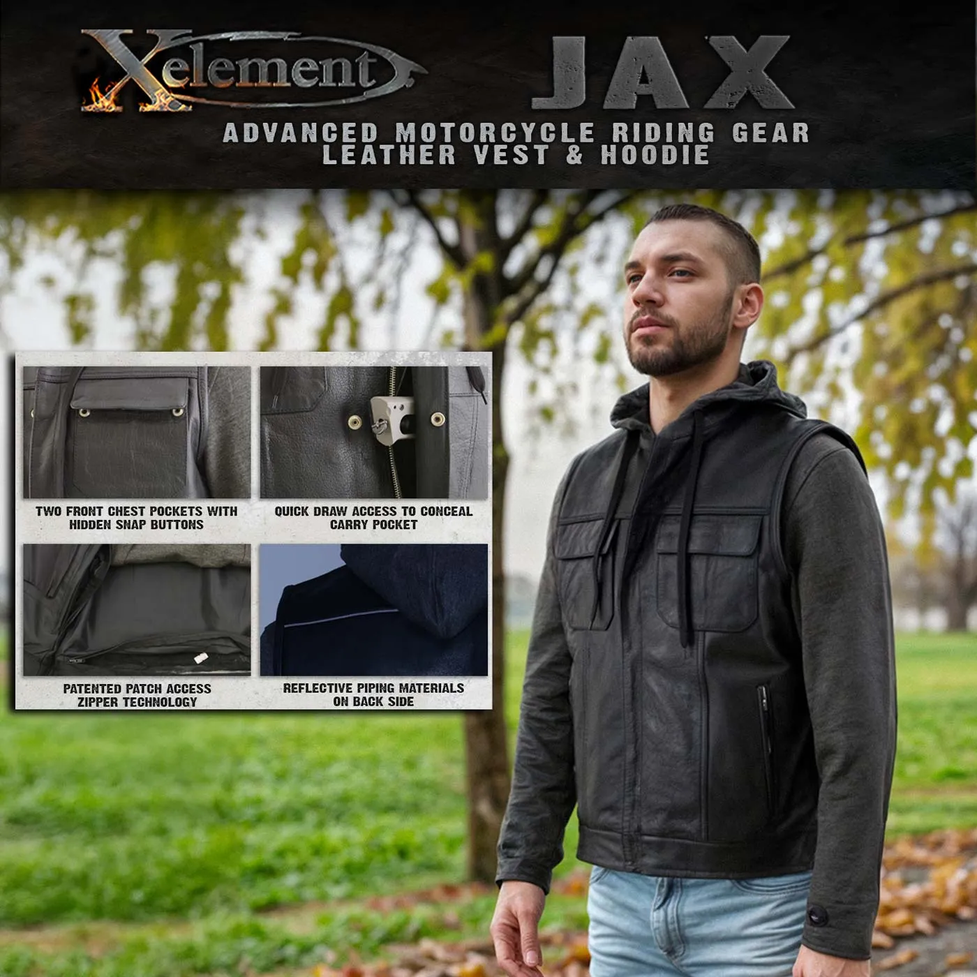 Xelement BXU1006 Men's 'Jax' Black Leather Motorcycle Hoodie Jacket