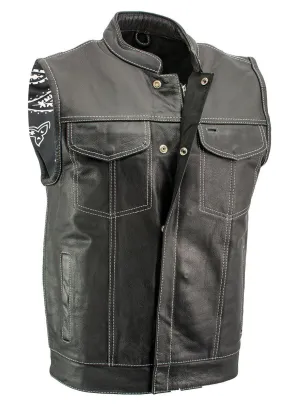 Xelement XS3450 Men's Black 'Paisley' Leather Motorcycle Biker Rider Vest with White Stitching